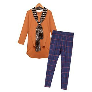 FURIFS Set: Long-Sleeve Blouse + Plaid Pants + Scarf