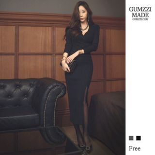 GUMZZI Slit-Front Rib-Knit Long Pencil Skirt