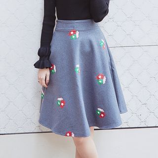 AC High-Waist Flower-Print Wool A-Line Skirt