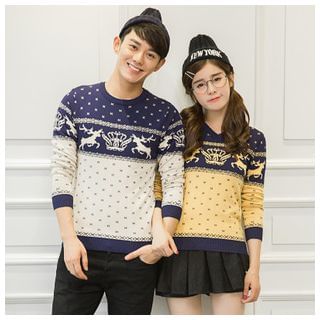 Azure Deer Pattern Matching Couple Sweater