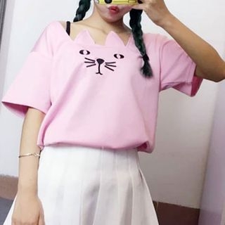 Clair Fashion Cat Embroidered Short-Sleeve T-Shirt