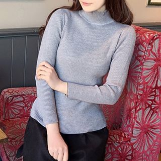 Miss Fan Stand Collar Long Sleeve Ribbed Knit Top