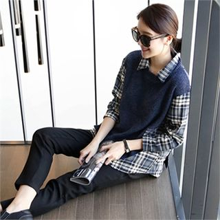 mayblue Inset Sleeveless Knit Top Plaid Shirt