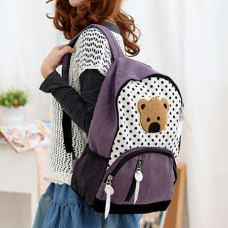 Polka Dot Denim Backpack with Bear Appliqu  Purple - One Size