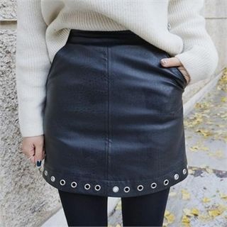 LIPHOP Faux-Leather Studded-Trim Mini Skirt