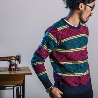 YIDESIMPLE Color-Block Ethnic-Print Knit Sweater