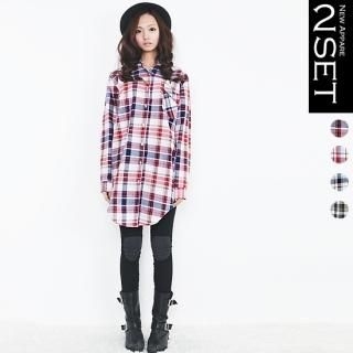 Set: Plaid Long Shirt + Knee-Patch Leggings