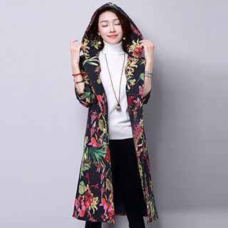 Supernova Floral Print Linen-blend Hooded Coat