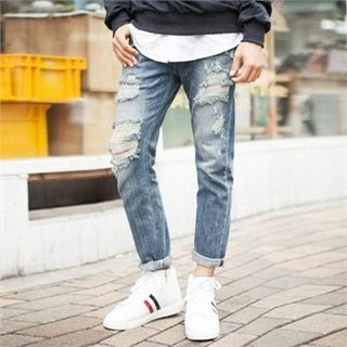 TOMONARI Distressed Straight-Cut Jeans