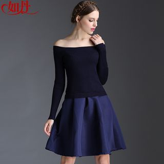 Kotiro Set: Long-Sleeve Off Shoulder Knit Top + Pleated Skirt