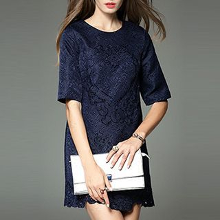 Queen Mulock Elbow-Sleeve Lace Panel Jacquard Dress