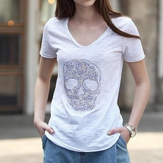 Ranee Short-Sleeve Rhinestone Skull T-Shirt