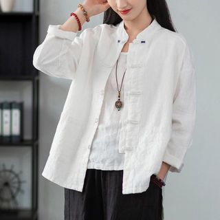 Long-Sleeve Mandarin Collar Frog-Button Blouse