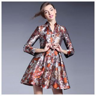 Elabo Long-Sleeve Floral A-Line Dress
