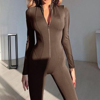 Long-Sleeve Mock Neck Plain Zip Jumpsuit