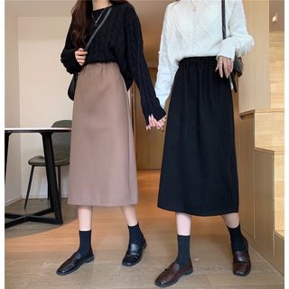 Plain High-waist Midi A-line Skirt