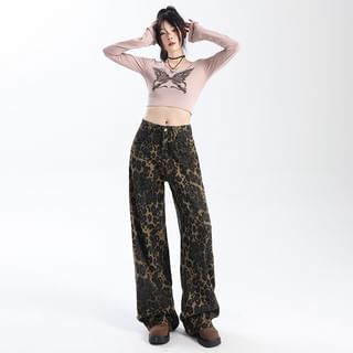 Low Rise Leopard Print Wide Leg Jeans