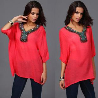 Hotprint Elbow-Sleeve Embroidered Beaded Top