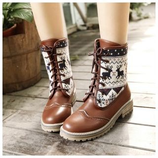 CITTA Nordic Print Panel Lace-Up Short Boots
