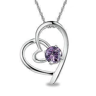 BELEC White Gold Plated 925 Sterling Silver Heart-shaped Pendant with Purple Cubic Zirconia (with 45cm Necklace )