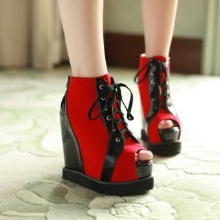 JY Shoes Peep-Toe Lace-Up Platform Ankle Wedge Boots