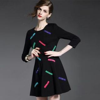 Y:Q 3/4-Sleeve Print A-Line Dress