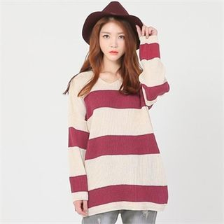 GLAM12 Wool Blend Color-Block Stripe Knit Top