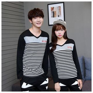 Azure Matching Couple Striped Long-Sleeve T-Shirt / Monster Print Sweatpants