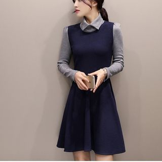 Lavogo Long-Sleeve Collared Mock Two-piece A Line Dress