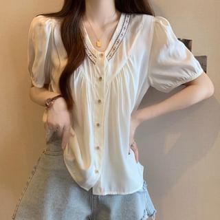 Short-Sleeve V-Neck Embroidered Button-Up Blouse