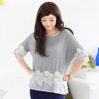 59 Seconds 3/4-Sleeve Lace Panel Top Gray - One Size