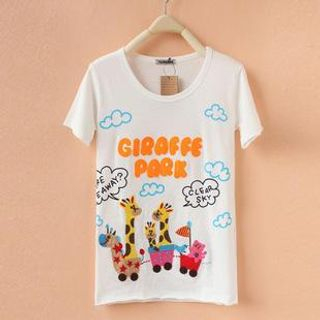 Cute Colors Short-Sleeve Lettering & Giraffe Applique T-Shirt