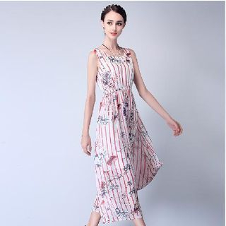 Sentubila Sleeveless Floral Print Pinstriped Dress
