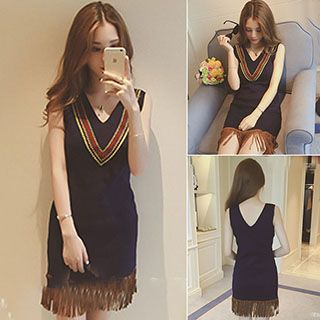 Bloombloom Fringed Sleeveless Embroidered Knit Dress