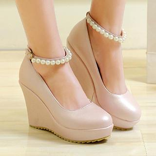 CITTA Ankle-Strap Faux-Pearl Wedge Pumps