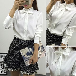 lilygirl Tie Neck Pleated Collar Shirt