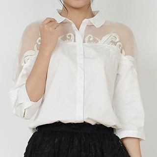 Moriville Elbow-Sleeve Embroidered Mesh Blouse