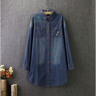 Blue Rose Long-Sleeve Embroidered Denim Shirtdress