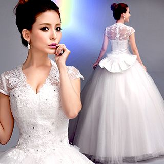 Angel Bridal Cap-Sleeve Lace Panel Ball Gown Wedding Dress
