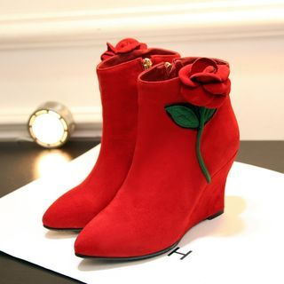 JY Shoes Genuine Suede Rose Accent Wedge Ankle Boots