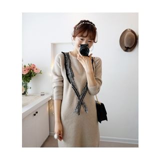 LEELIN Tweed-Detail Wool Blend Knit Dress