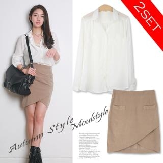 Set: Long-Sleeve Chiffon Shirt + Tulip Skirt