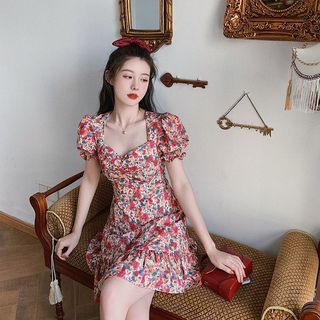 Puff-Sleeve Square Neck Floral Mini A-Line Dress