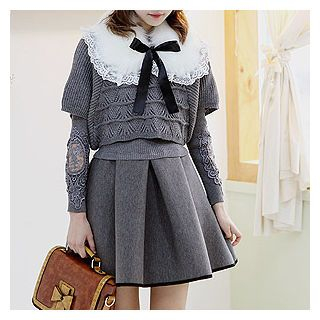 Sechuna Set: Lace-Trim Mini Dress + Knit Top