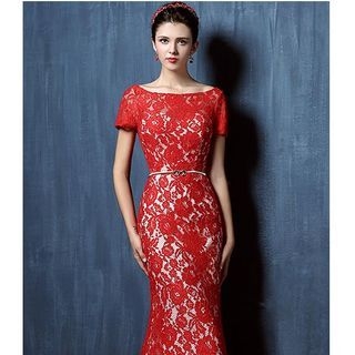 MSSBridal Short-Sleeve Lace Mermaid Evening Gown with Train