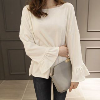 NIPONJJUYA Ruffle-Sleeve Brushed-Fleece Top