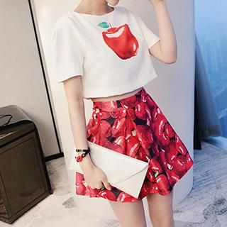 Amella Set: Apple-Print Cropped Top + Pleated Skirt