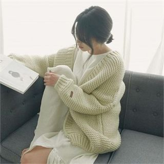 LIPHOP Balloon-Sleeve Open-Front Chunky Knit Cardigan
