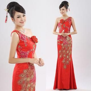 Bridal Workshop One-Shoulder Peacock Embroidered Mermaid Evening Gown