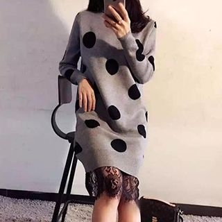 Rocho Inset Lace Polka Dot Knit Dress